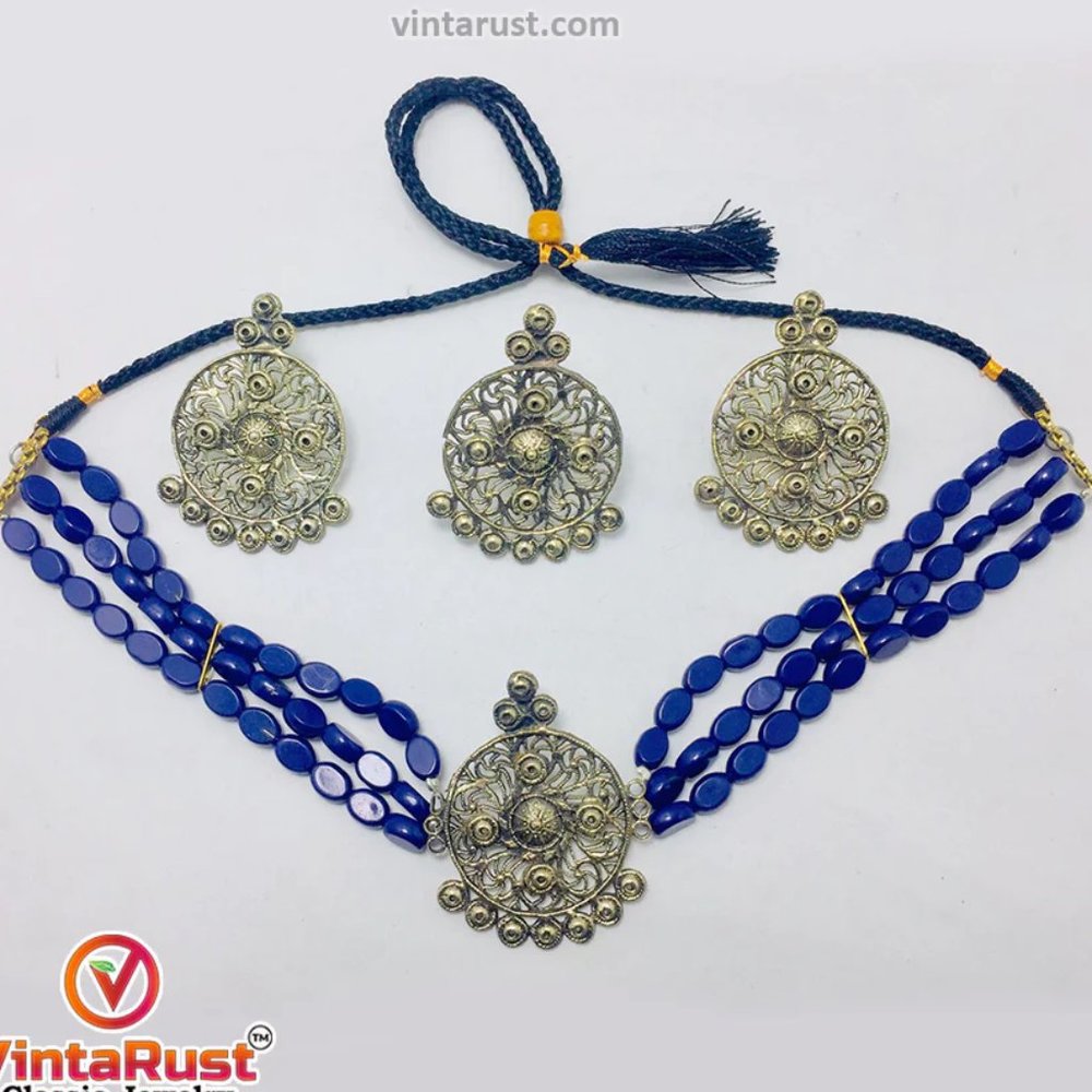 Beaded Jewelry Set With Metal Motif, Choker With Earrings and Rings,